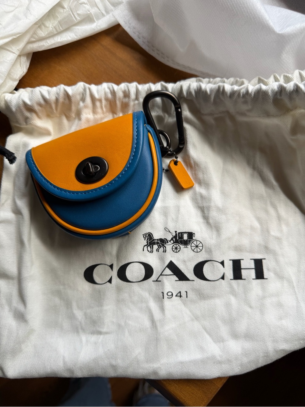 NWOT Coach Blue and Orange Leather Coin Pouch with Clip